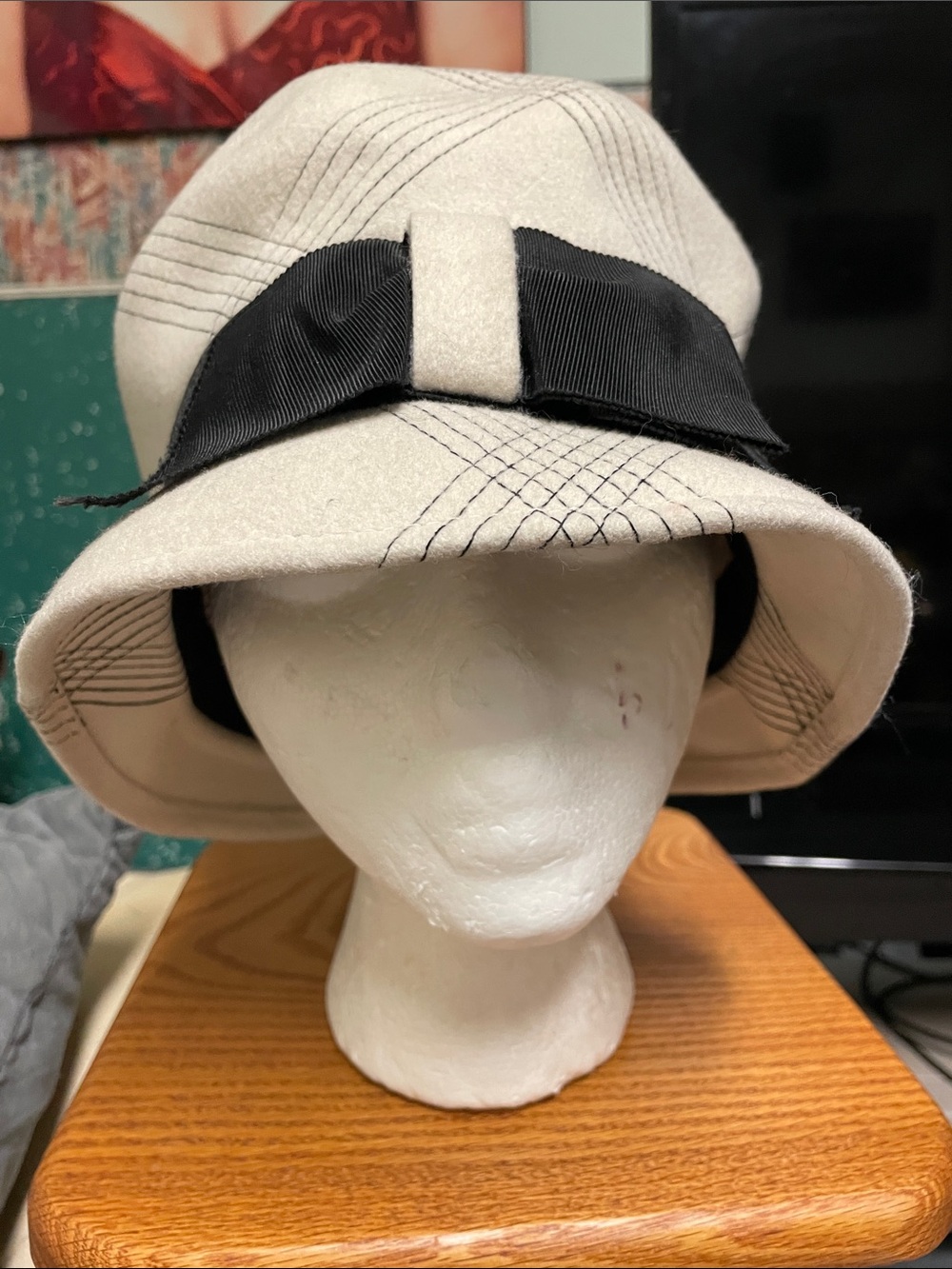 Vintage wool Cream Felt Cloche Hat with Black stitching accent and Ribbon Trim